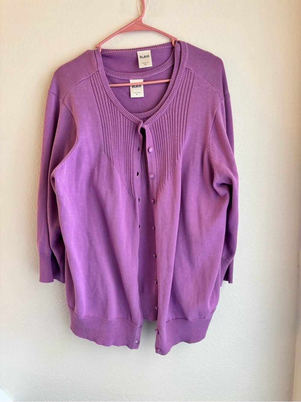 Blair Womens XL Purple Button Front Cardigan Sweater Ribbed Yoke 3/4 Sleeve Knit